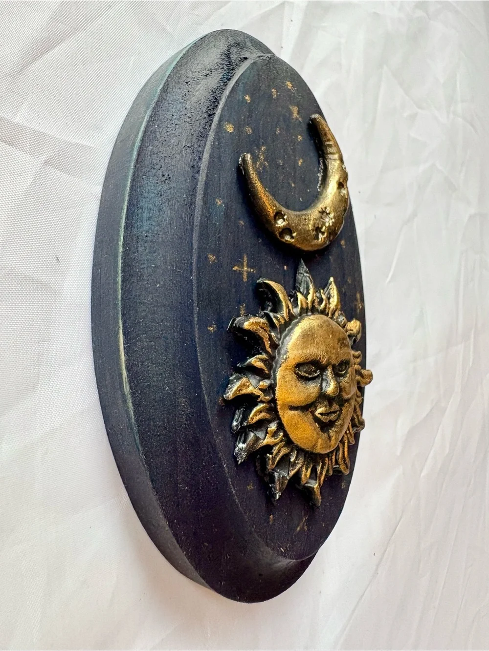 Golden Sun & Moon Celestial Whimsigoth Plaque - Dark Blue and Gold Wall Decor